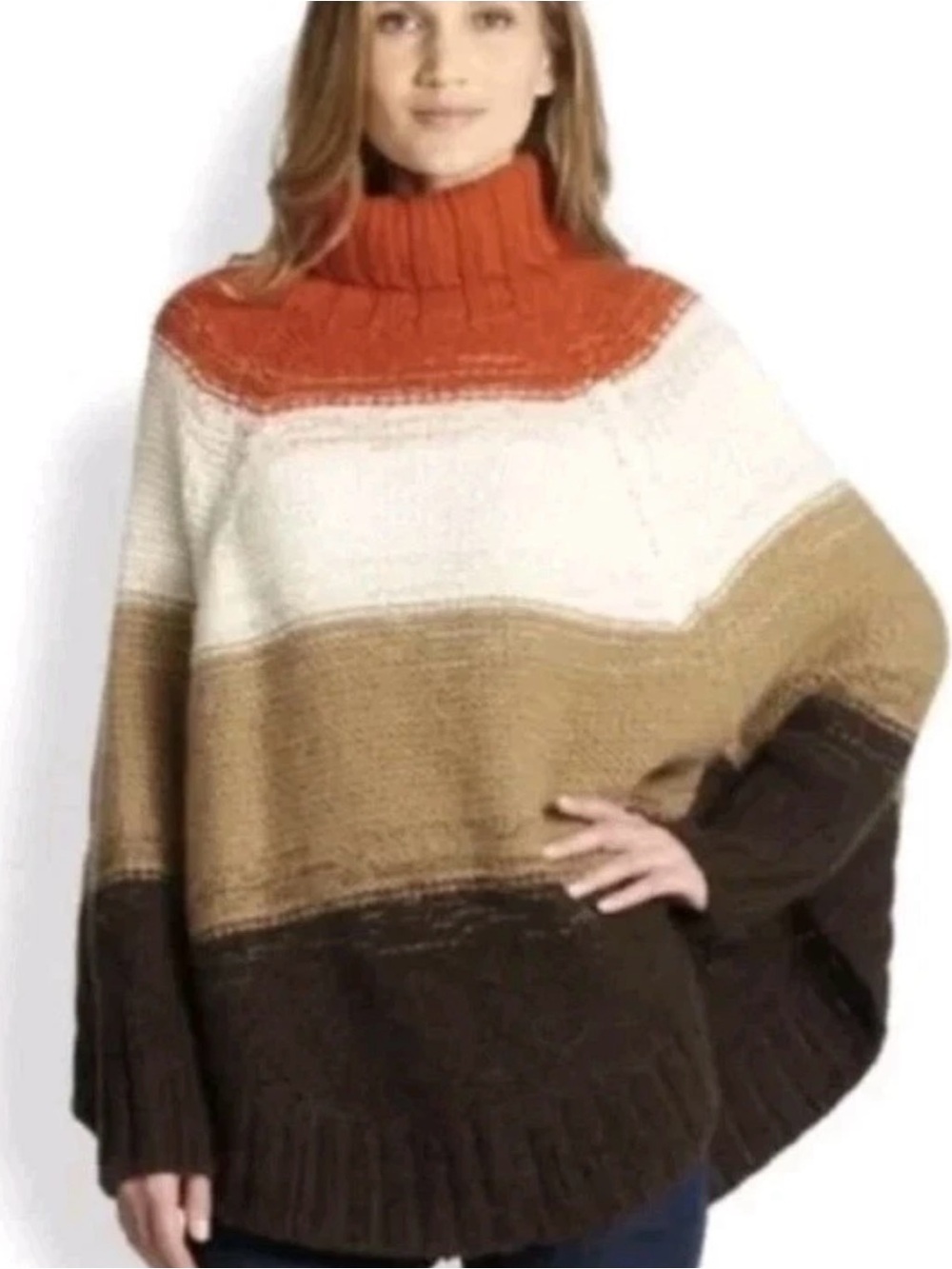 Michael Kors Striped Turtleneck Poncho in Orange, Cream & Brown - Oversized